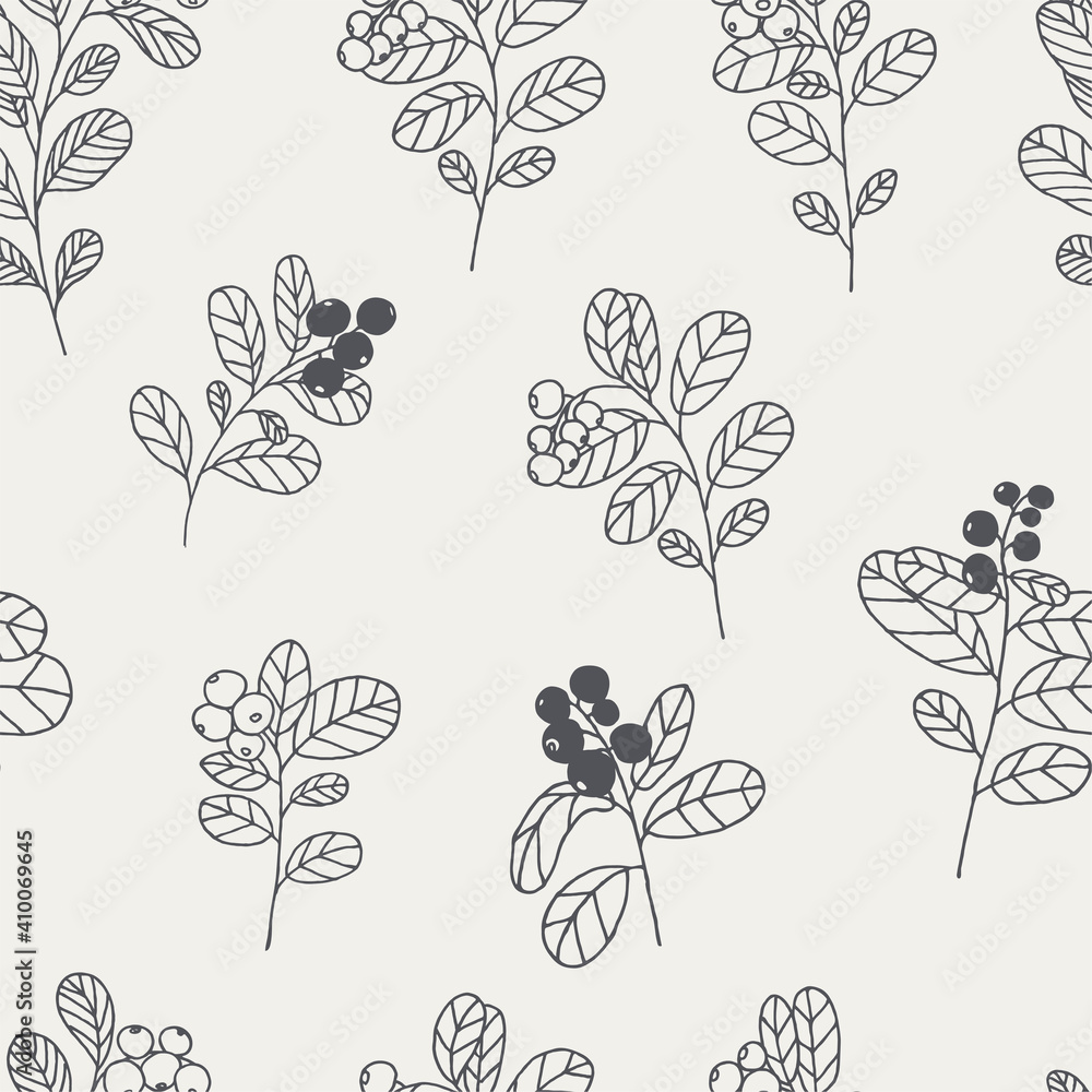 Elegant black and white hand-drawn seamless pattern with branches of wild berries. Applicable for creating wrapping papers, wallpapers, fabrics and decorative backgrounds. Vector illustration.