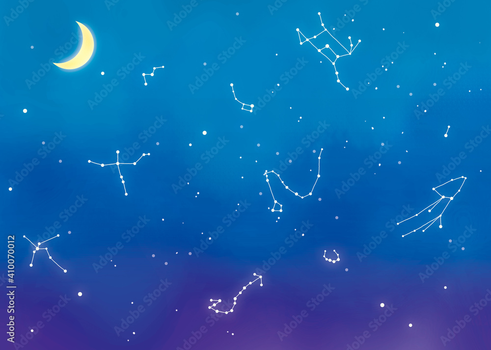Naklejka premium 夏の星座と天の川と夜空のイラスト 