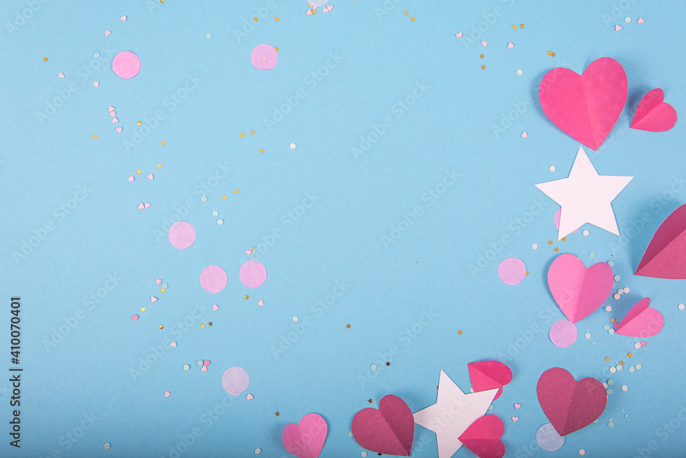 Abstract Background with Paper Hearts, stars for Valentine`s Day. Blue Love and Feeling Background for poster, banner, post, card