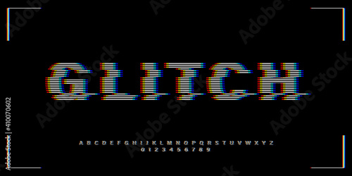 VHS glitch font in retro style. English letters, numbers with distortion effect. Good for design promo electronic music events, games, banners, web, etc. Vector type.