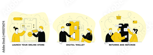 Commerce and trade in internet flat linear vector illustration set. Launch your online store, digital wallet, returns and refunds. Online shopping. People cartoon characters