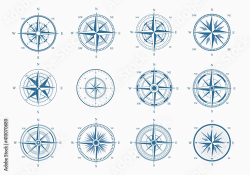 Sea wind rose set. Blue ink cartography with orientation parts of world nautical vintage star for topography mariners latitude and longitude navigation measurement equipment. Vector discovery.