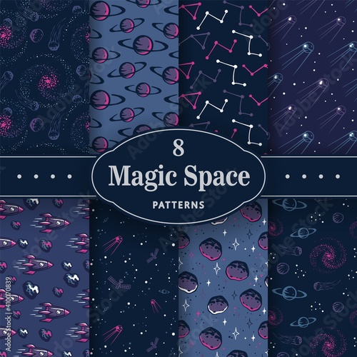Trendy seamless space patterns. Set of cosmos backgrounds for cosmonautics day. Endless texture of universe for wallpaper, wrapping paper