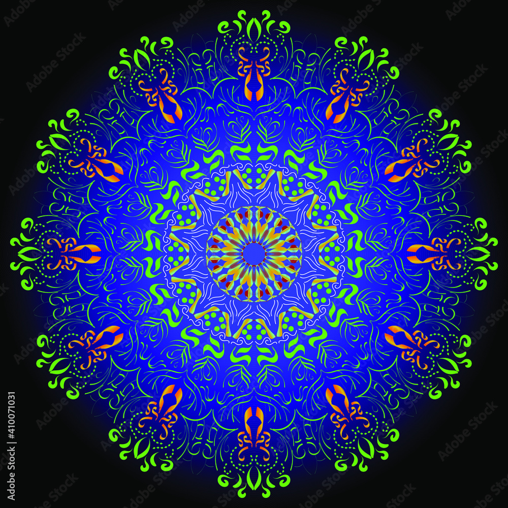 abstract spiritual symbol background, pattern, fractal mandala with black, blue and green colors