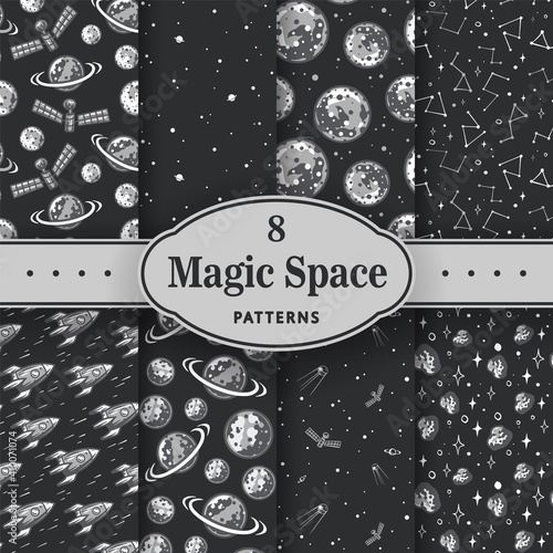 Trendy seamless space patterns. Set of cosmos backgrounds for cosmonautics day. Endless texture of universe for wallpaper, wrapping paper
