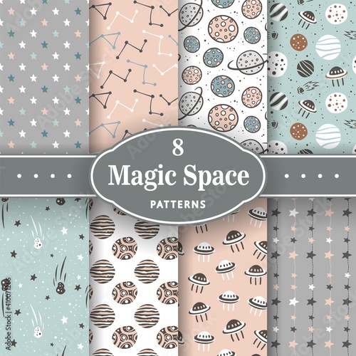 Trendy seamless space patterns. Set of cosmos backgrounds for cosmonautics day. Endless texture of universe for wallpaper, wrapping paper