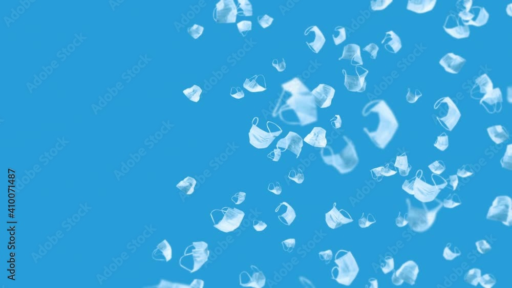 Flying many white masks on blue background. Medical concept. Surgical protective masks. 3D animation of mask rotating. Loop animation. Flying many white masks on blue background. Medical concept. Surgical protective masks. 3D animation of mask rotating. Loop animation.