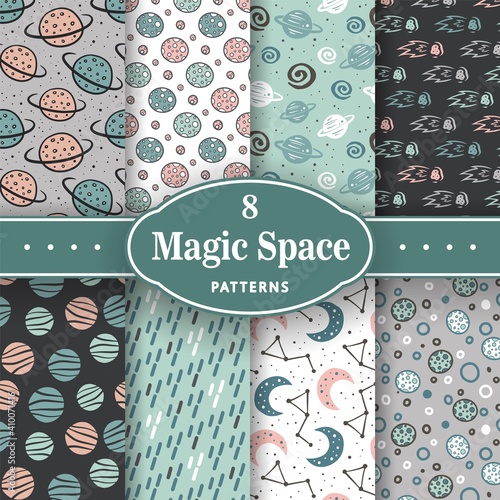 Trendy seamless space patterns. Set of cosmos backgrounds for cosmonautics day. Endless texture of universe for wallpaper, wrapping paper