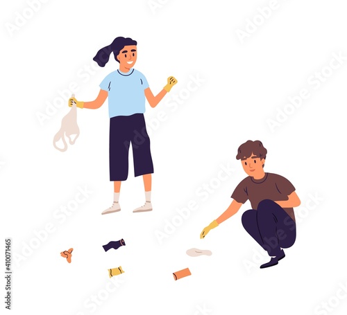 Scene with children cleaning nature by collecting garbage. Kids eco-volunteer...