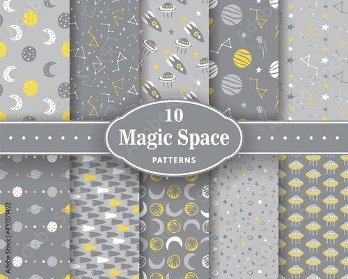 Trendy seamless space patterns. Set of cosmos backgrounds for cosmonautics day. Endless texture of universe for wallpaper, wrapping paper
