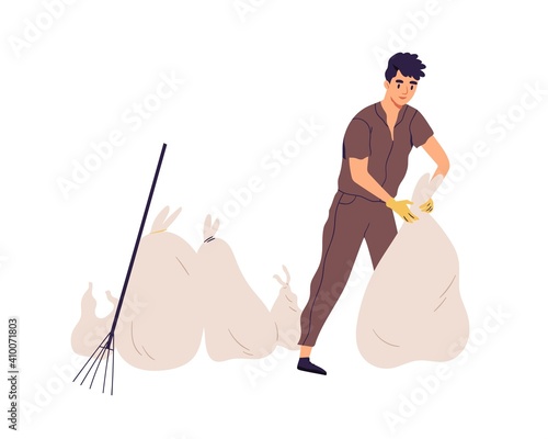 Man cleaning street by collecting garbage into trash bags. Young guy packing litter. Eco volunteer or janitor working alone. Colored flat vector illustration isolated on white background
