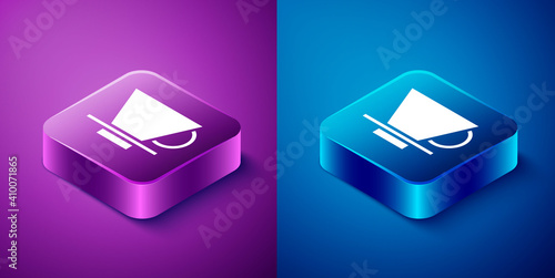 Isometric V60 coffee maker icon isolated on blue and purple background. Square button. Vector Illustration.