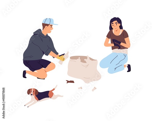 Teenagers in gloves collecting garbage into trash bags. Boy and girl picking up plastic litter to clean nature. Eco volunteers working. Colored flat vector illustration isolated on white background