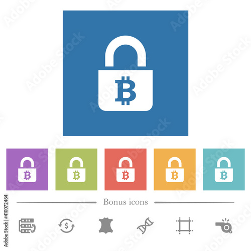 Locked Bitcoins flat white icons in square backgrounds