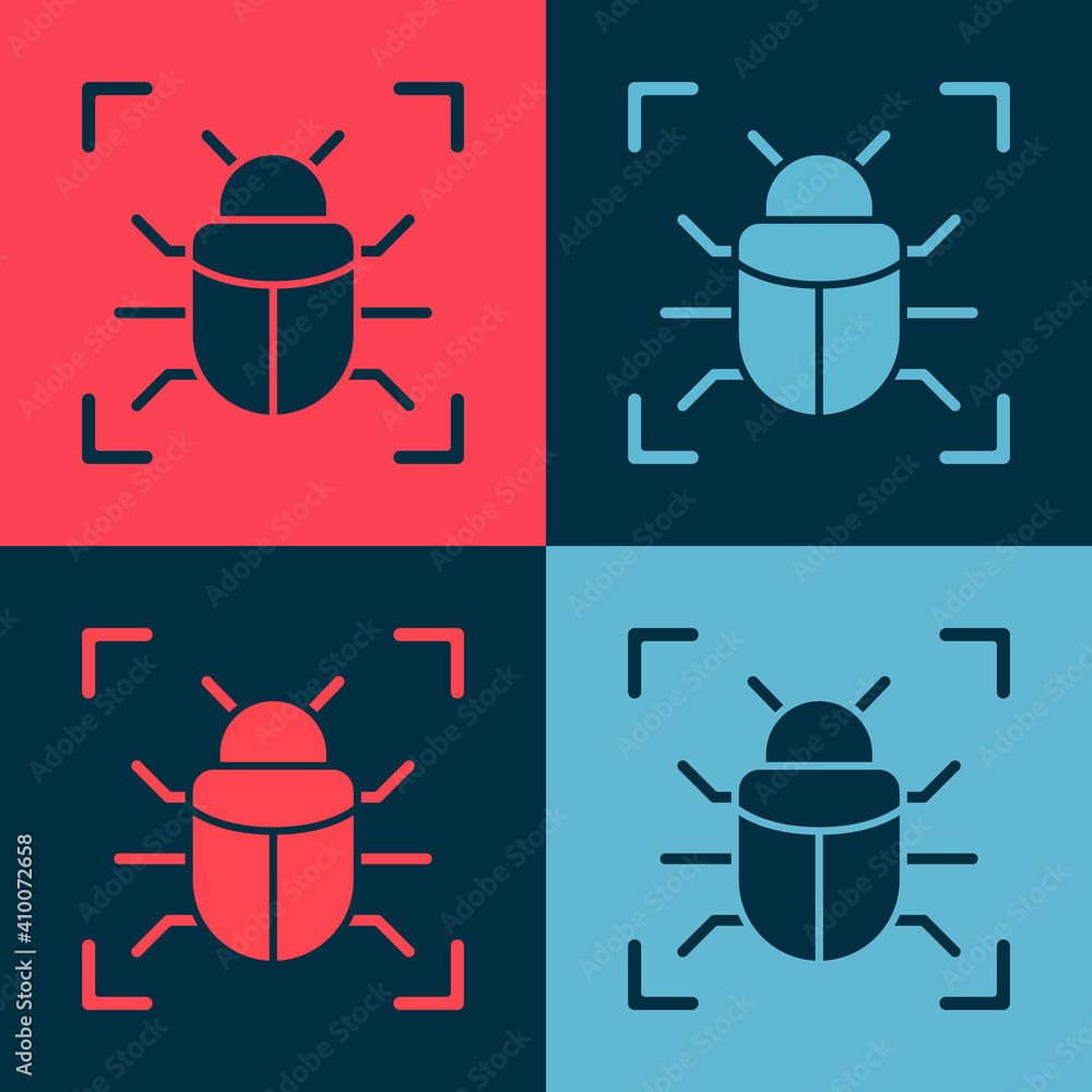 Pop art System bug concept icon isolated on color background. Code bug concept. Bug in the system. Bug searching. Vector. Pop art System bug concept icon isolated on color background. Code bug concept. Bug in the system. Bug searching. Vector.