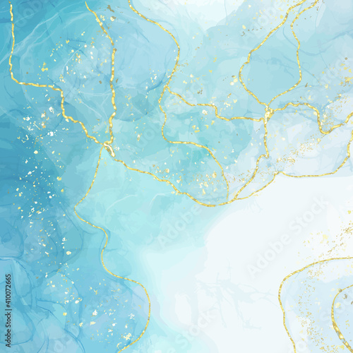 Abstract blue liquid watercolor background with golden crackers. Pastel marble ink drawing effect. Turquoise geode with kintsugi. Vector illustration design template for wedding invitation