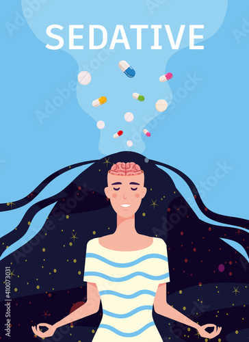 Portrait of a woman with open brain. Sedative medication pills fly to her head. Concept of taking medication sedative