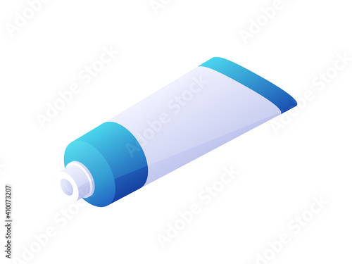 Tube with ointment isometric vector. White plastic packaging container with blue inserts for storing cosmetics and medical products.