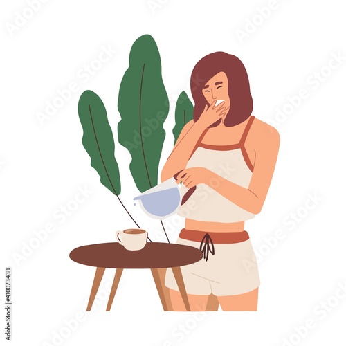 Sleepy young woman in pyjamas yawning and making invigorating hot coffee to wake up in early morning. Colored flat vector illustration isolated on white background