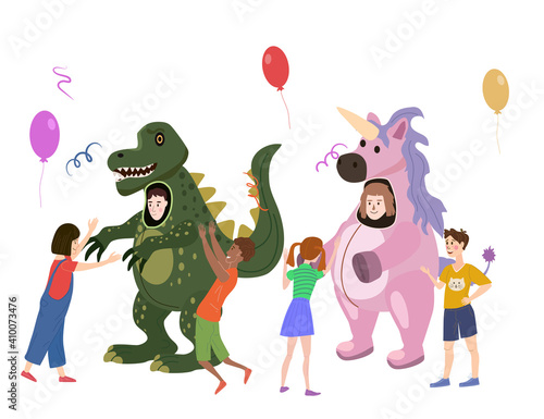 Fototapeta Naklejka Na Ścianę i Meble -  Holiday party actors entertainer wearing in costume Dinosaur and Unicorn, play with kids. Performance Birhday Carnaval Party, group children with adult animator. Vector cartoon flat style