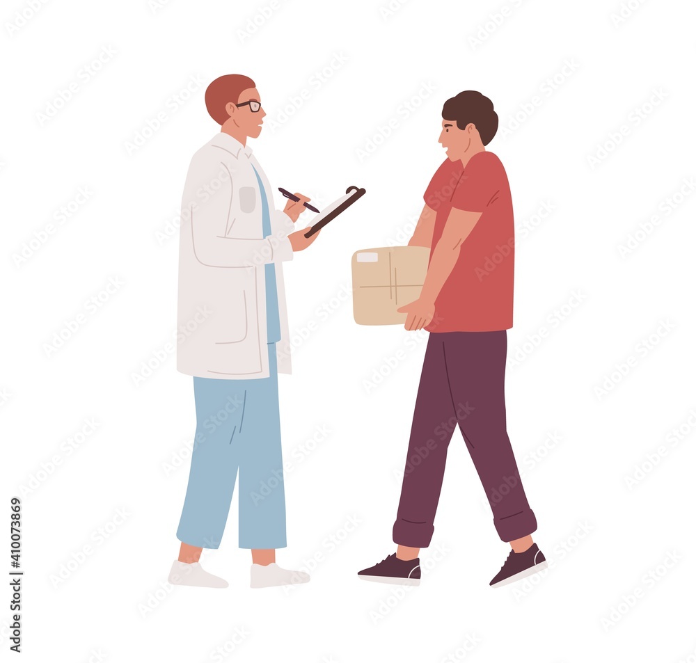 Delivery of parcel with medicines or humanitarian help. Doctor or pharmacist receiving delivered package from courier. Colored flat vector illustration isolated on white background Delivery of parcel with medicines or humanitarian help. Doctor or pharmacist receiving delivered package from courier. Colored flat vector illustration isolated on white background