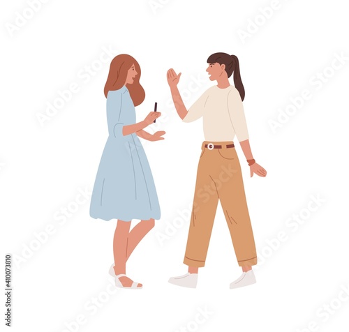 Two young women meeting and greeting each other by waving hand. Chatting girlfriends isolated on white background. Colored flat vector illustration
