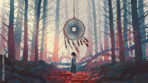 woman standing and looking at the dreamcatcher hanging from the trees in the mysterious forest, digital art style, illustration painting