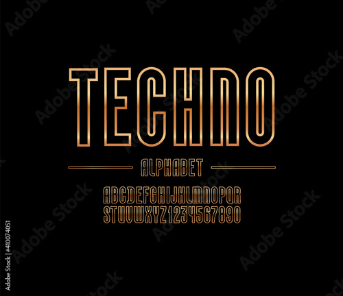 High steel font of silver style, trendy golden alphabet, condensed letters and numbers, vector illustration 10EPS