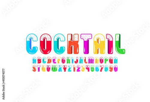 Trendy glossy font, multi colored alphabet, bright rounded letters from A to Z and numbers from 0 to 9, vector illustration 10EPS