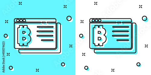 Black line Cryptocurrency coin Bitcoin icon isolated on green and white background. Physical bit coin. Blockchain based secure crypto currency. Random dynamic shapes. Vector.