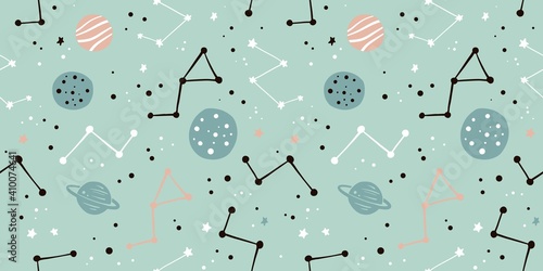 Trendy seamless space patterns. Cosmos backgrounds for cosmonautics day. Endless texture of universe for wallpaper, wrapping paper