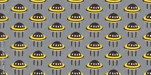 Trendy seamless space patterns. Ufo in cosmos backgrounds for cosmonautics day. Endless texture of universe for wallpaper, wrapping paper