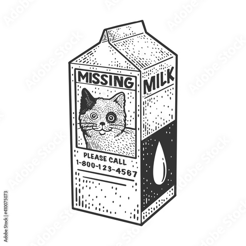 Notice on milk about the missing cat sketch engraving vector illustration. T-shirt apparel print design. Scratch board imitation. Black and white hand drawn image.