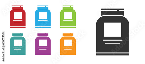 Black Sports nutrition bodybuilding proteine power drink and food icon isolated on white background. Set icons colorful. Vector.