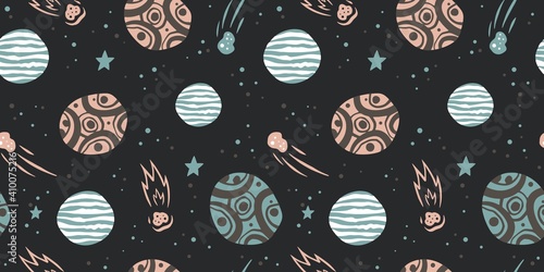 Trendy seamless space patterns. Planet in cosmos backgrounds for cosmonautics day. Endless texture of universe for wallpaper, wrapping paper