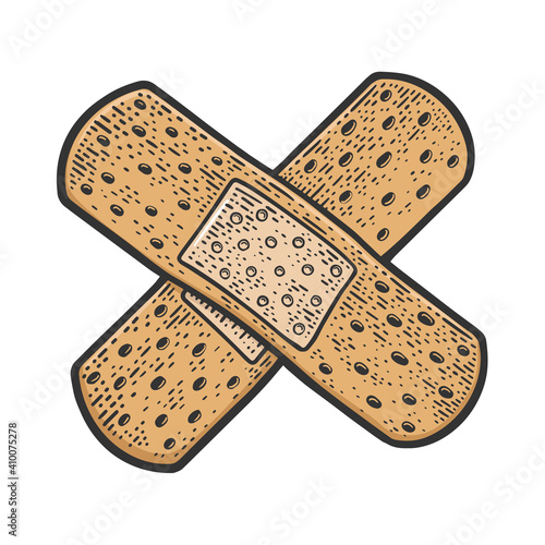adhesive sticking medical bandage plaster cross color sketch engraving vector illustration. T-shirt apparel print design. Scratch board imitation. Black and white hand drawn image.