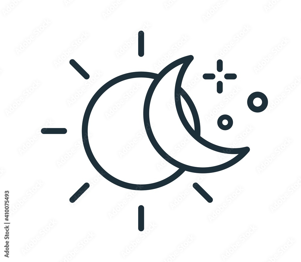 Simple icon in line art style with sun and half moon. Change of day and night concept. Linear flat vector illustration isolated on white background - obrazy, fototapety, plakaty 