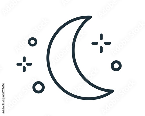 Simple weather icon with half moon or waning crescent with stars in clear sky. Symbol of night time in line art style. Linear flat vector illustration isolated on white background