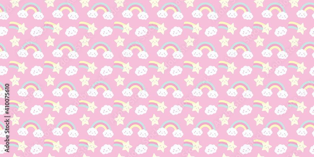 Cute cartoon sky seamless repeat pattern design, pink.