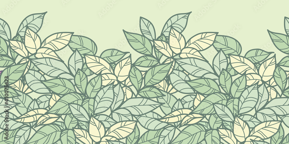 Fototapeta premium Green leaves vector horizontal boarder.