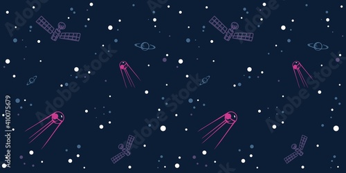 Trendy seamless space patterns. Cosmos backgrounds for cosmonautics day. Endless texture of universe for wallpaper, wrapping paper