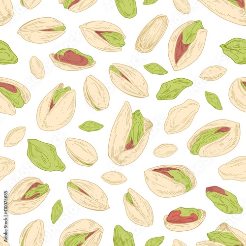 Seamless repeatable pistachio pattern with open nuts and unopened pistaches with shells. Design of endless background. Hand-drawn colored vector illustration for printing