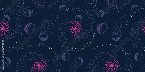 Trendy seamless space patterns. Cosmos backgrounds for cosmonautics day. Endless texture of universe for wallpaper, wrapping paper