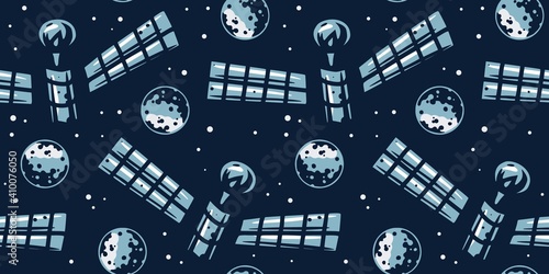 Trendy seamless space patterns. Cosmos backgrounds for cosmonautics day. Endless texture of universe for wallpaper, wrapping paper