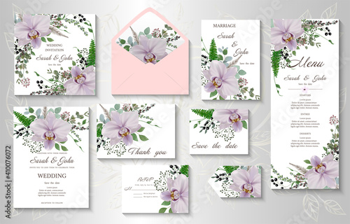 Wedding invitation with realistic flowers Orchid and leaves watercolor, isolated on white. Vector Watercolor.