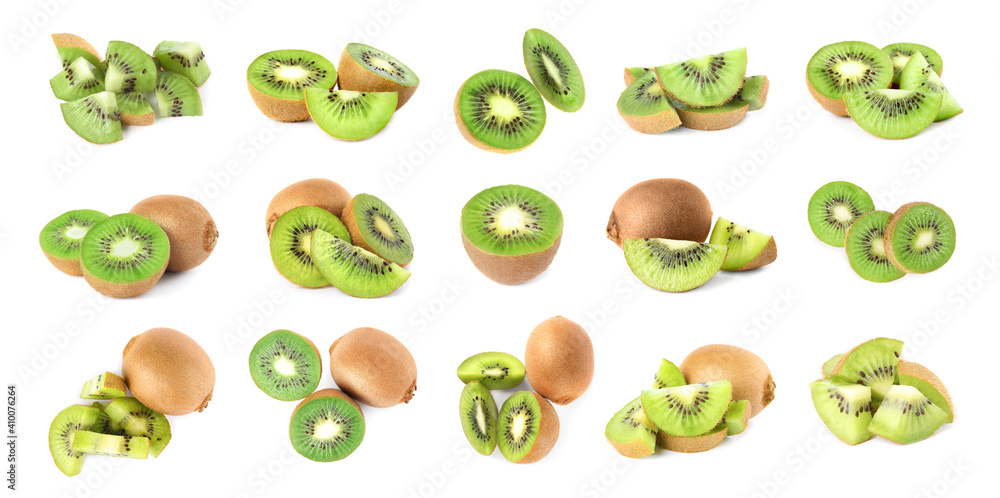 Set with ripe kiwi fruits on white background, banner design Set with ripe kiwi fruits on white background, banner design