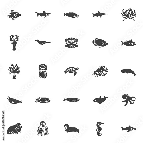 Marine life vector icons set, modern solid symbol collection, filled style pictogram pack. Signs, logo illustration. Set includes icons as sea fish, shark, narwhal, langoustine, jellyfish molluscs © alekseyvanin