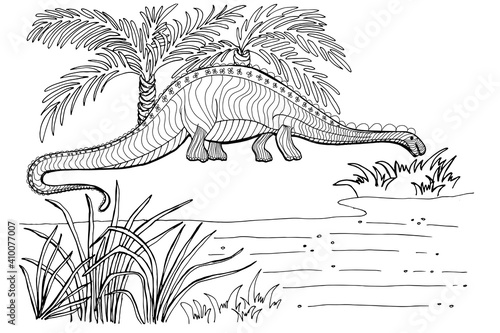 Dinosaur, Cretaceous, line illustration for coloring. Coloring book for adults and children. prehistoric period.