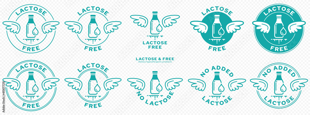 Conceptual stamps. Labeling - lactose free. The brand with the wings and the milk bottle and milk drop icon is a symbol of freedom from milk sugar - lactose. Vector set