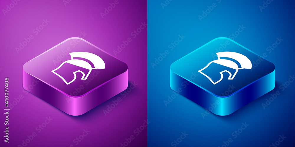 Isometric Greek helmet icon isolated on blue and purple background. Antiques helmet for head protection soldiers with a crest of feathers or horsehair. Square button. Vector. Isometric Greek helmet icon isolated on blue and purple background. Antiques helmet for head protection soldiers with a crest of feathers or horsehair. Square button. Vector.